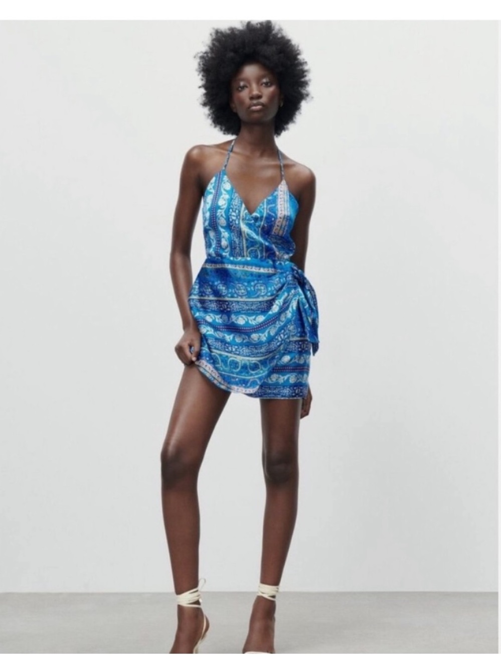 Zara Blue Printed Halter Wrap Mini Dress